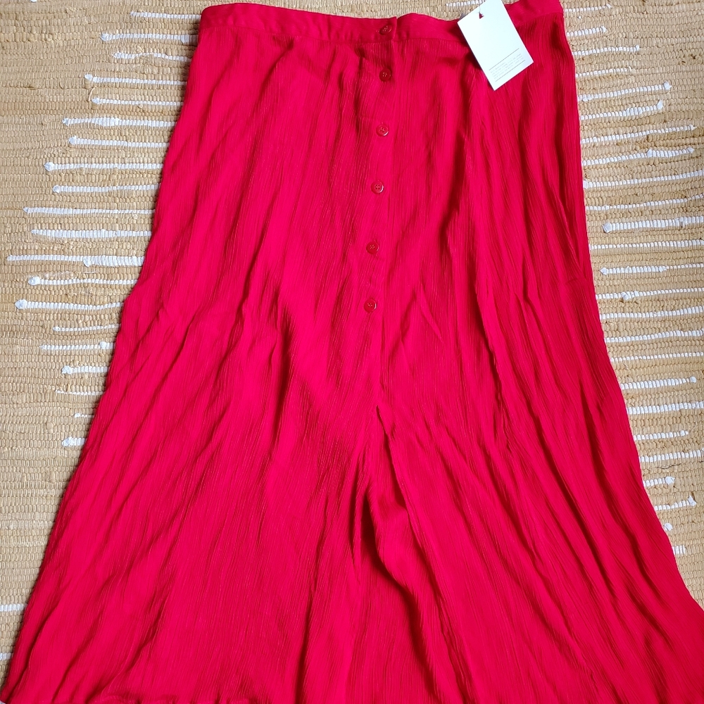 Red button front midi skirt